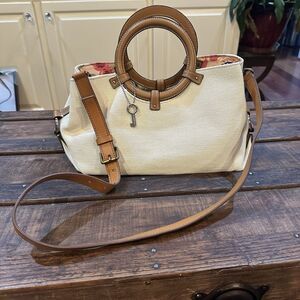 Vintage FOSSIL Woven Cream Satchel Crossbody Shoulder Hand Bag Round Handles